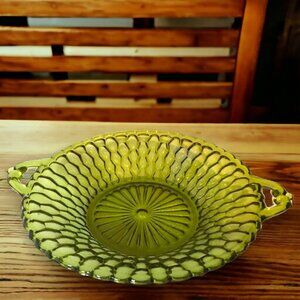 Indiana Glass Co. Avocado Green Honeycomb 2 Handled Relish Dish Bowl Tray MCM